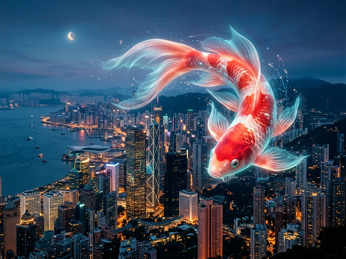 Nano Banana 2 · A koi above the city