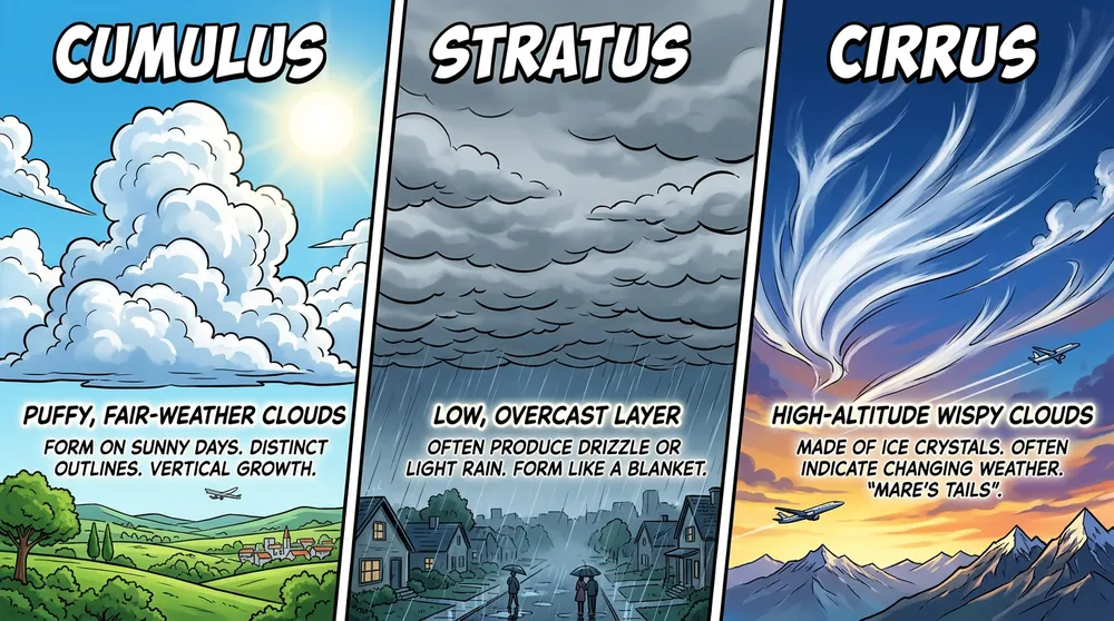 Google Nano Banana 2 example comparing cumulus, stratus and cirrus clouds in three panels