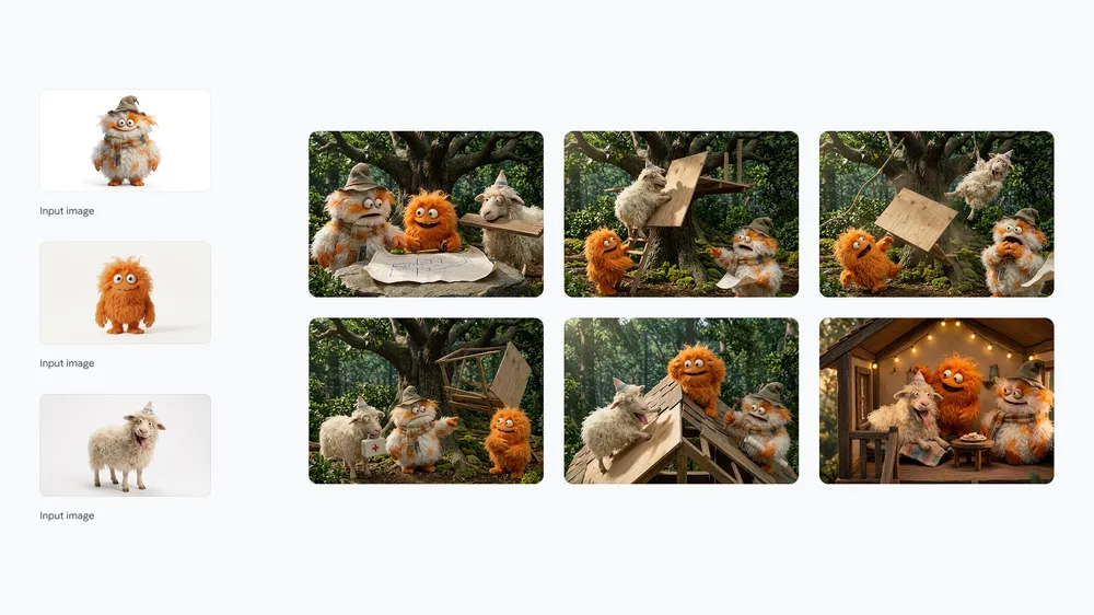Google Nano Banana 2 example showing three fluffy friends building a treehouse in multiple panels