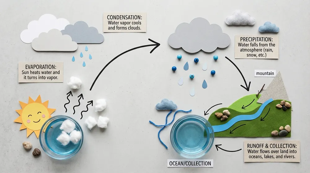 Google Nano Banana 2 example: a water-cycle infographic with cotton clouds and labeled arrows